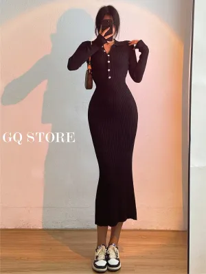 Slim Body Button Maxi Long Dress Long Sleeve Fishtail Dresses