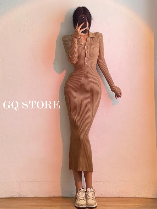 Slim Body Button Maxi Long Dress Long Sleeve Fishtail Dresses