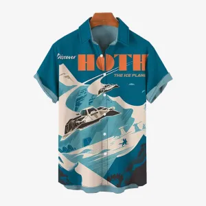 Space Wars Sci-Fi Spaceship Print Bamboo Linen Short Sleeve Shirt