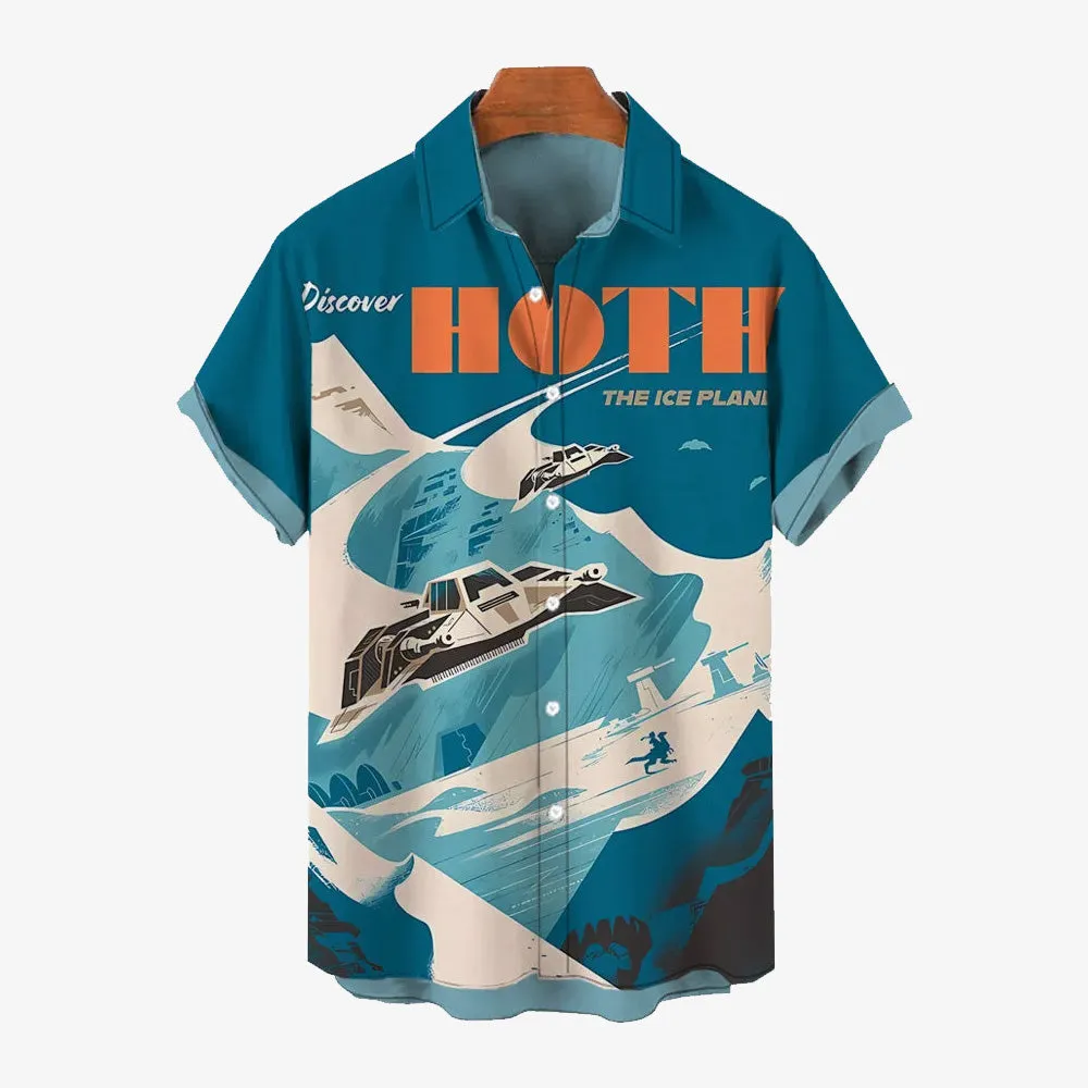 Space Wars Sci-Fi Spaceship Print Bamboo Linen Short Sleeve Shirt