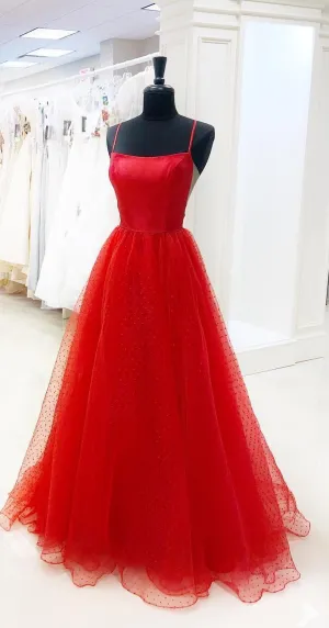 Spaghetti Straps Red Tulle Prom Dress