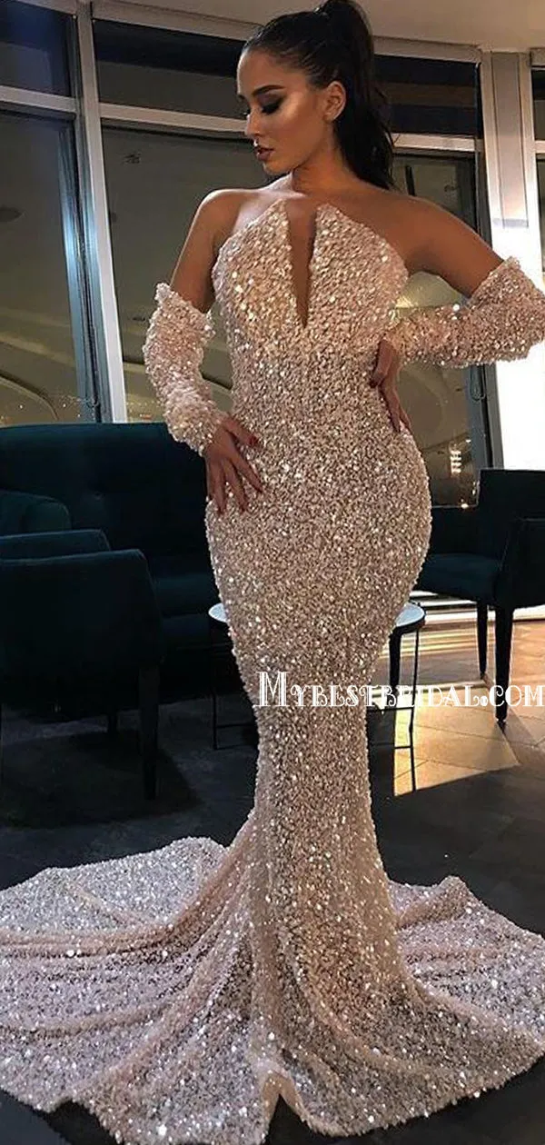 Sparkly Mermaid Long Sleeve Simple Sequin Long Prom Dresses, PDS0244