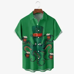 St. Patrick's Day Octopus Beer Print Short Sleeve Shirt
