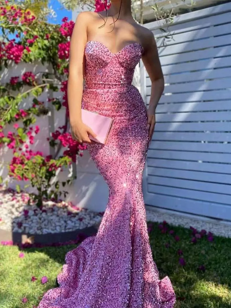 Strapless Sequin Sleeveless Open Back Maxi Dress