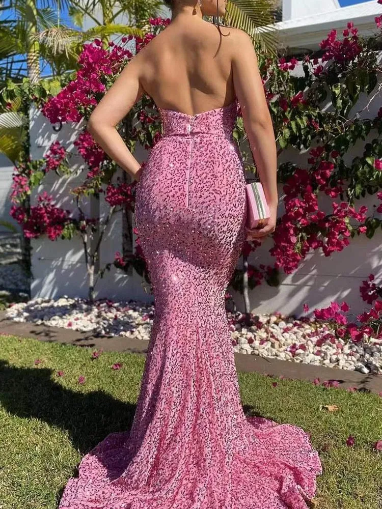 Strapless Sequin Sleeveless Open Back Maxi Dress