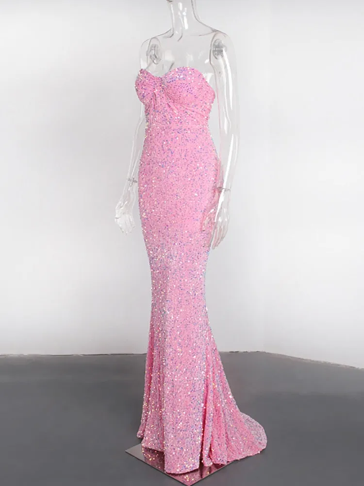 Strapless Sequin Sleeveless Open Back Maxi Dress