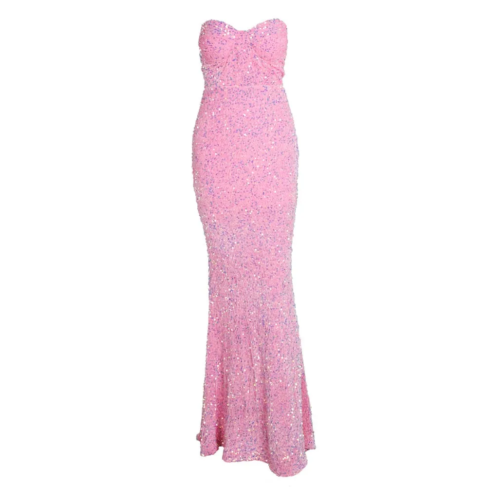 Strapless Sequin Sleeveless Open Back Maxi Dress