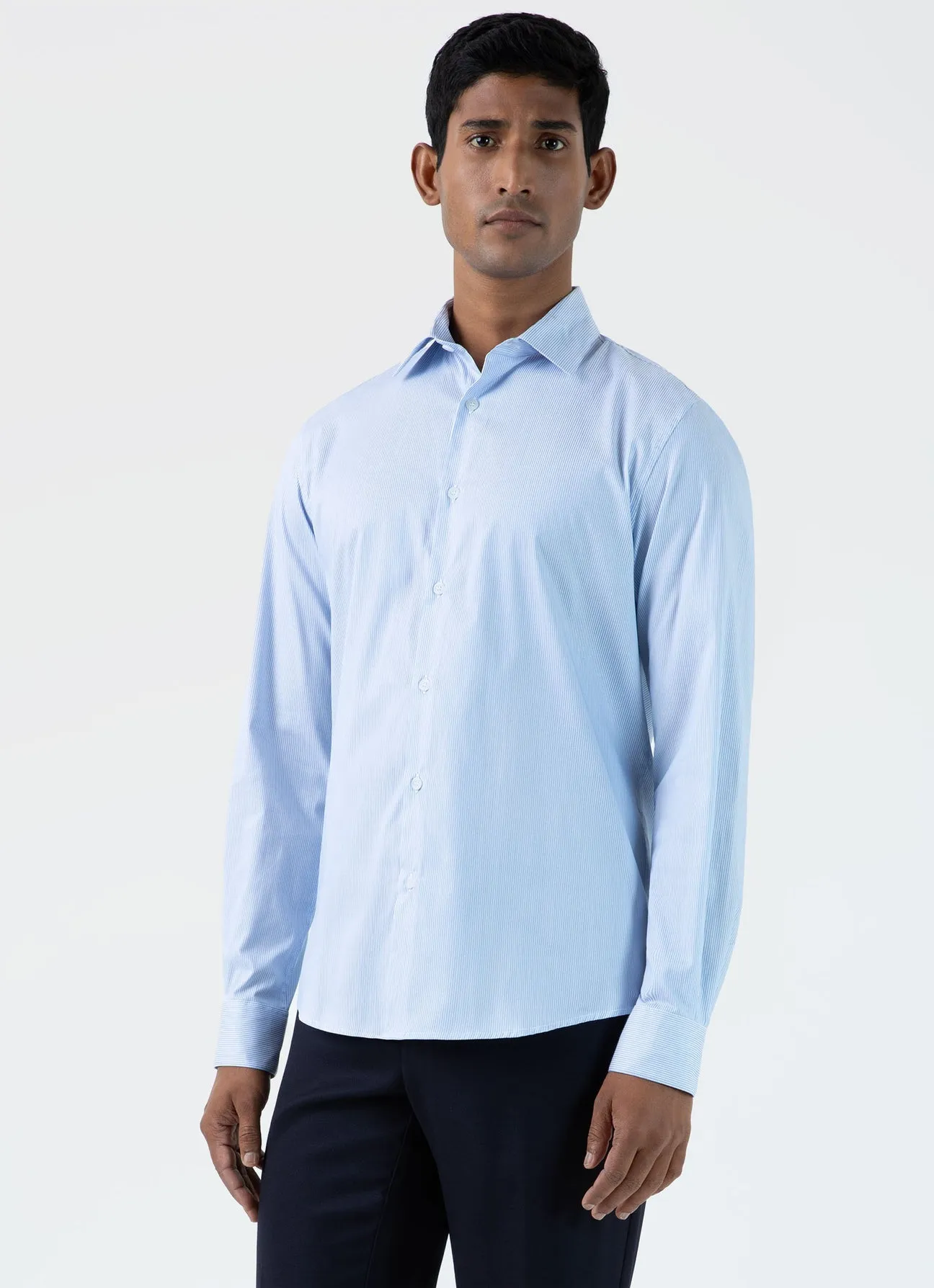 Sunspel Cotton Stretch LS Shirt Light Blue Dobby Stripe
