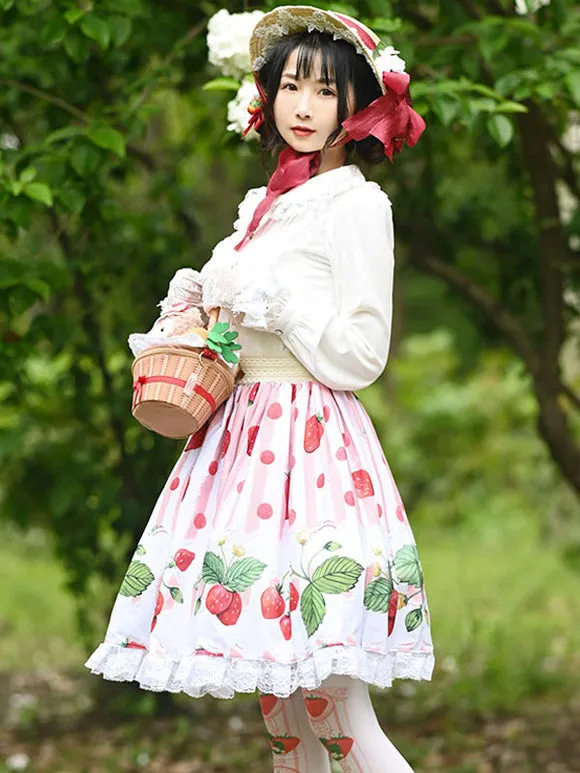 Sweet Lolita Overskirt Fruit Pattern Pink Lace Daily Casual Tea Party Lolita Skirts