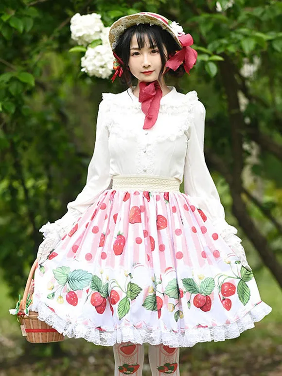 Sweet Lolita Overskirt Fruit Pattern Pink Lace Daily Casual Tea Party Lolita Skirts
