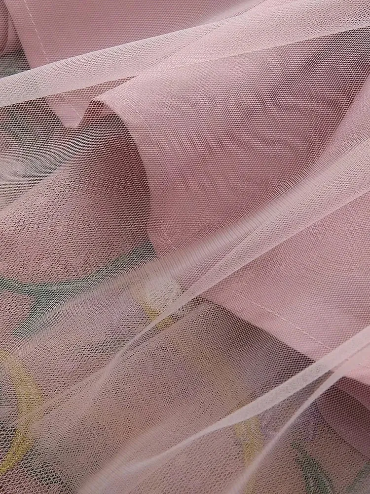 Sylvie Pink Mesh Flowers Embroidery Vintage Party Long Dress