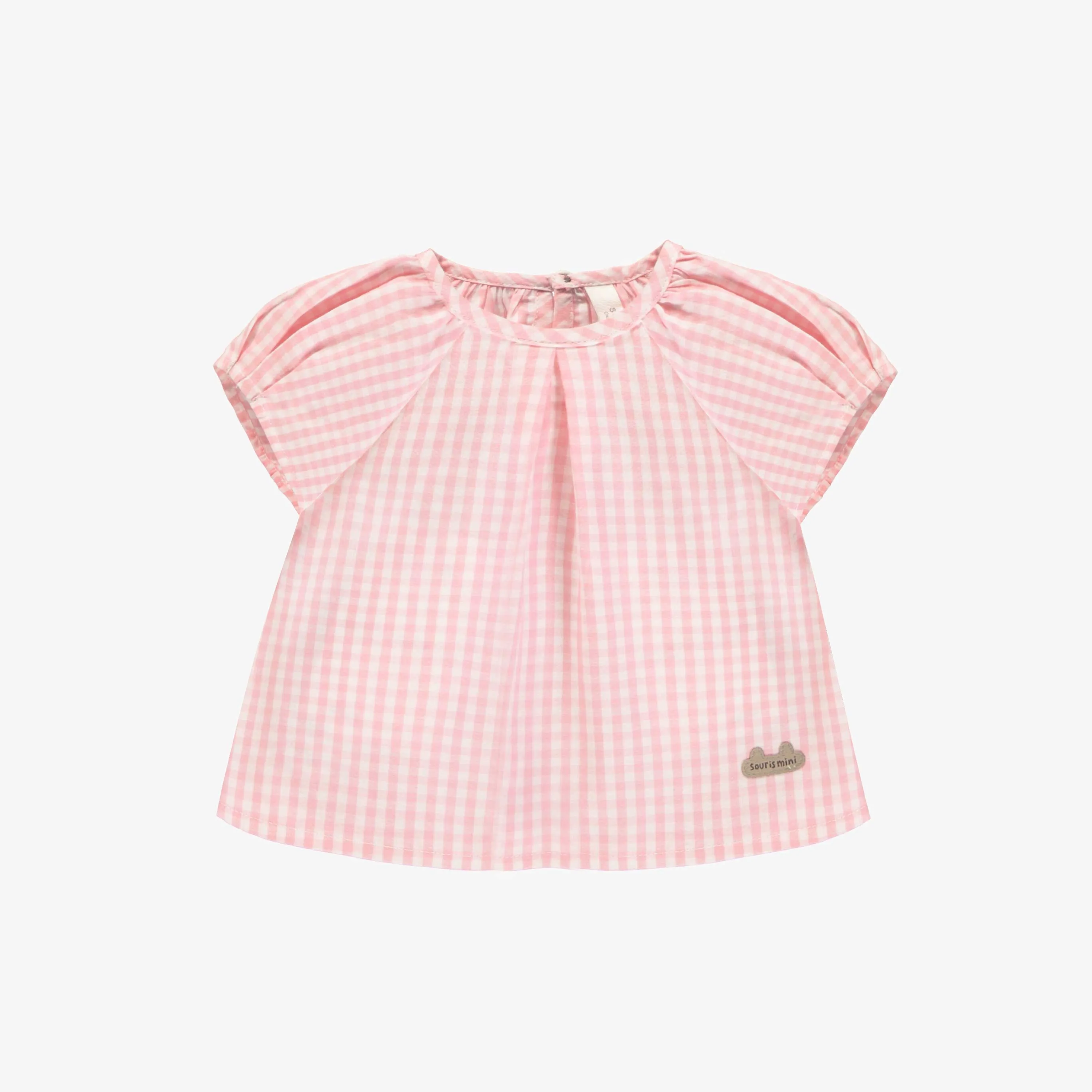 T-shirt à manches courtes raglans rose à carreaux, naissance || Plaid pink short raglan sleeves t-shirt, newborn