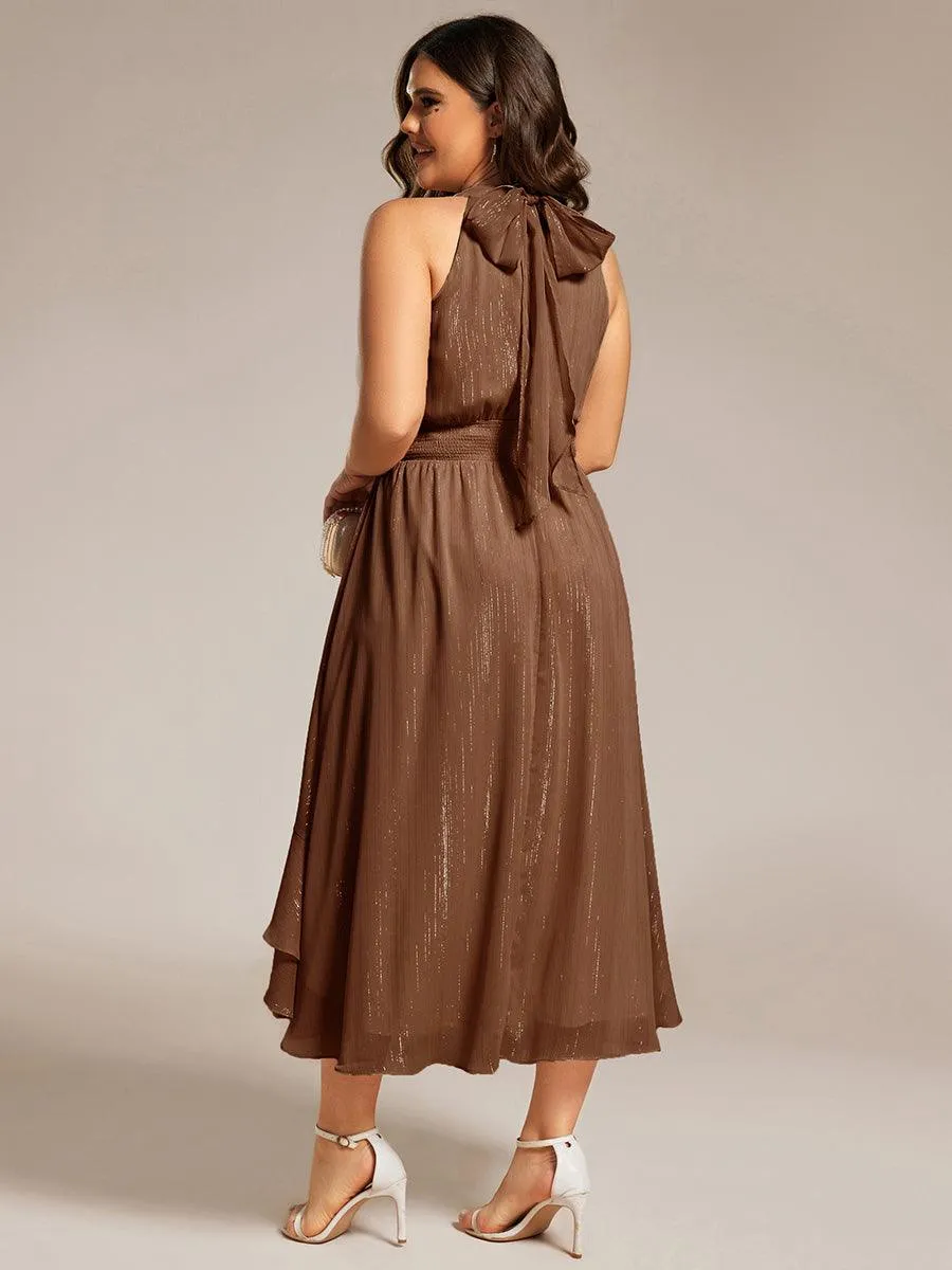 Taille personnalisée Robe d'invité de mariage plissée à volants haut-bas scintillante à col licou