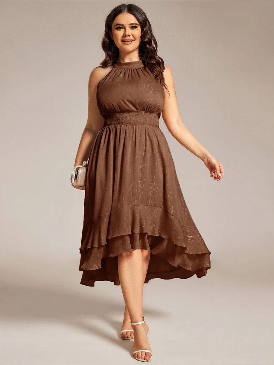 Taille personnalisée Robe d'invité de mariage plissée à volants haut-bas scintillante à col licou
