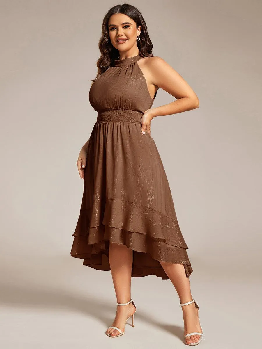 Taille personnalisée Robe d'invité de mariage plissée à volants haut-bas scintillante à col licou