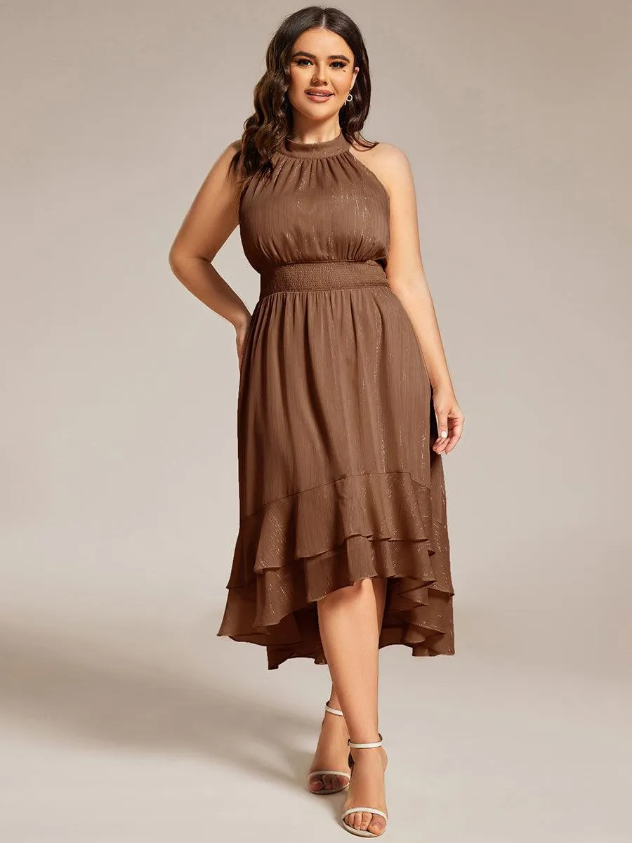 Taille personnalisée Robe d'invité de mariage plissée à volants haut-bas scintillante à col licou