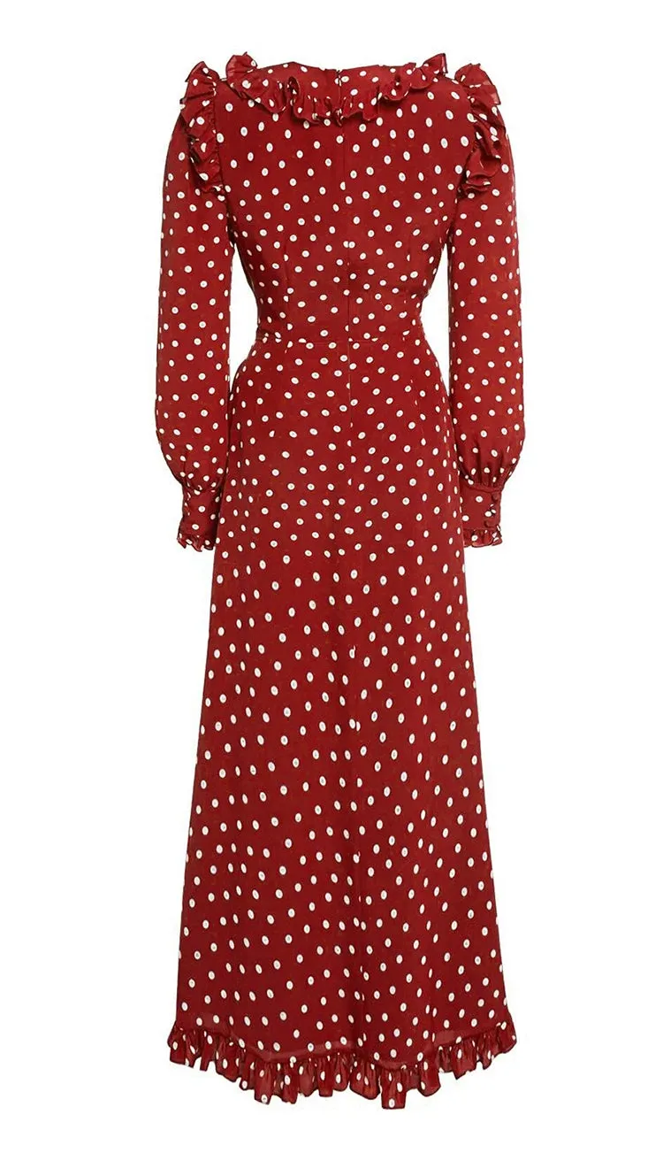 Teagan V Neck Ruffles Frenulum Gathered Waist Slim Long Dress