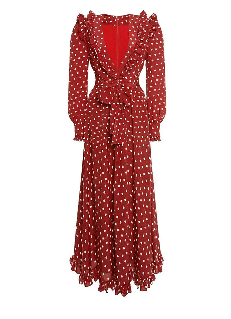 Teagan V Neck Ruffles Frenulum Gathered Waist Slim Long Dress
