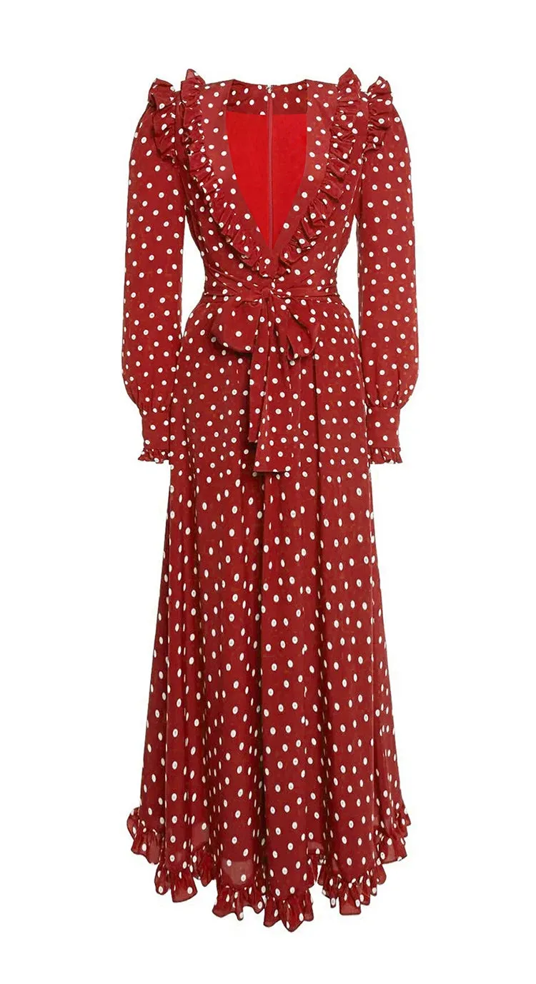 Teagan V Neck Ruffles Frenulum Gathered Waist Slim Long Dress