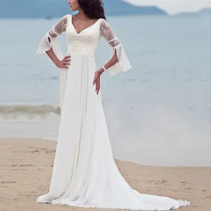 The Sales Rack-Elegant Bohemian Beach Maxi Bride Dress Deep V-Neck Lace Flower Petal Sleeves