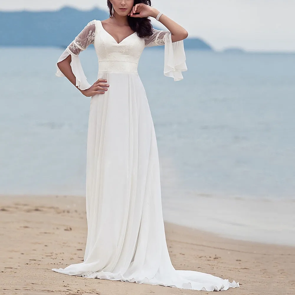 The Sales Rack-Elegant Bohemian Beach Maxi Bride Dress Deep V-Neck Lace Flower Petal Sleeves