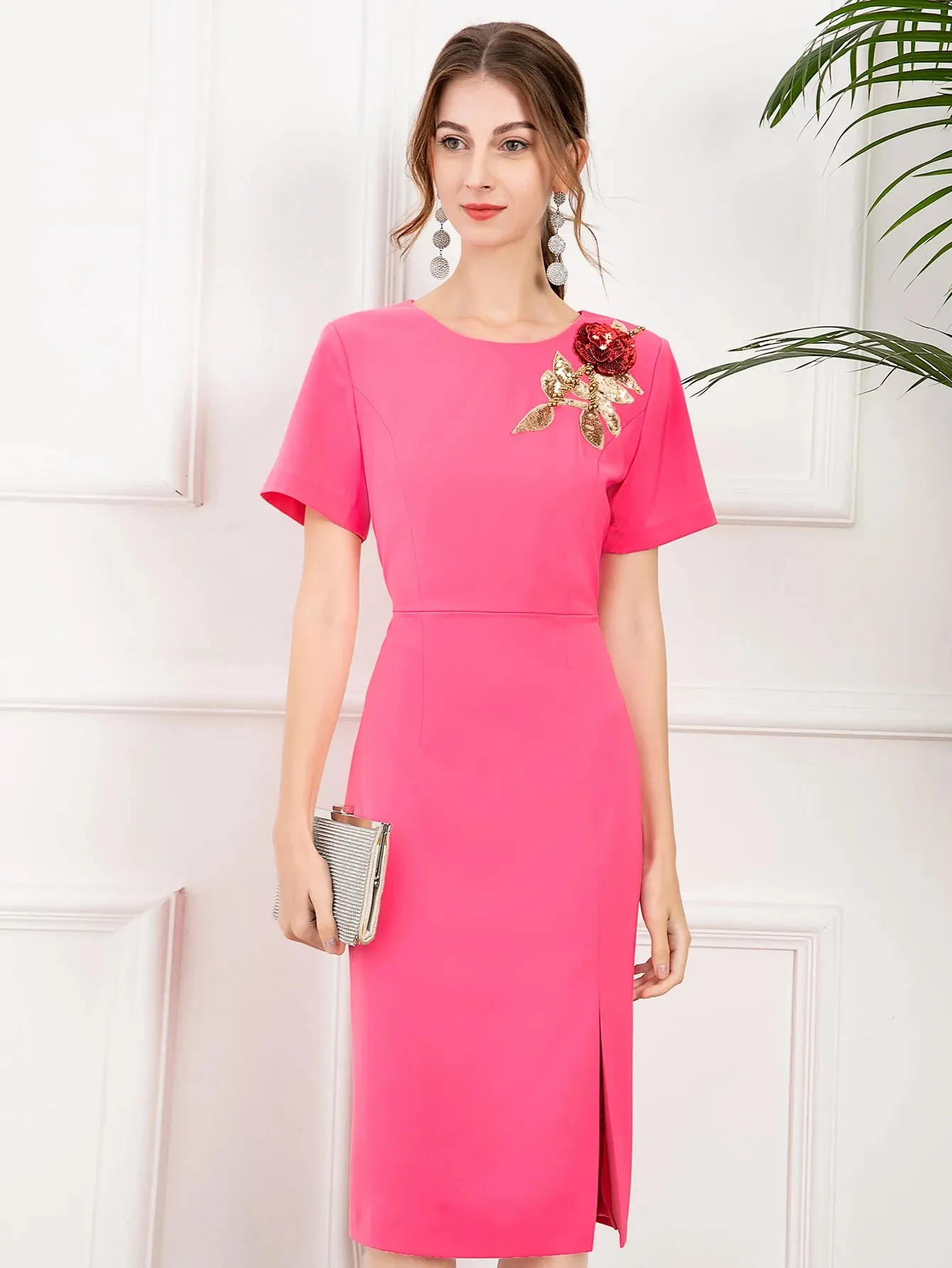 Tinsley Short Sleeve Luxury Floral Beaded Sequins Slim Midi Party Dress