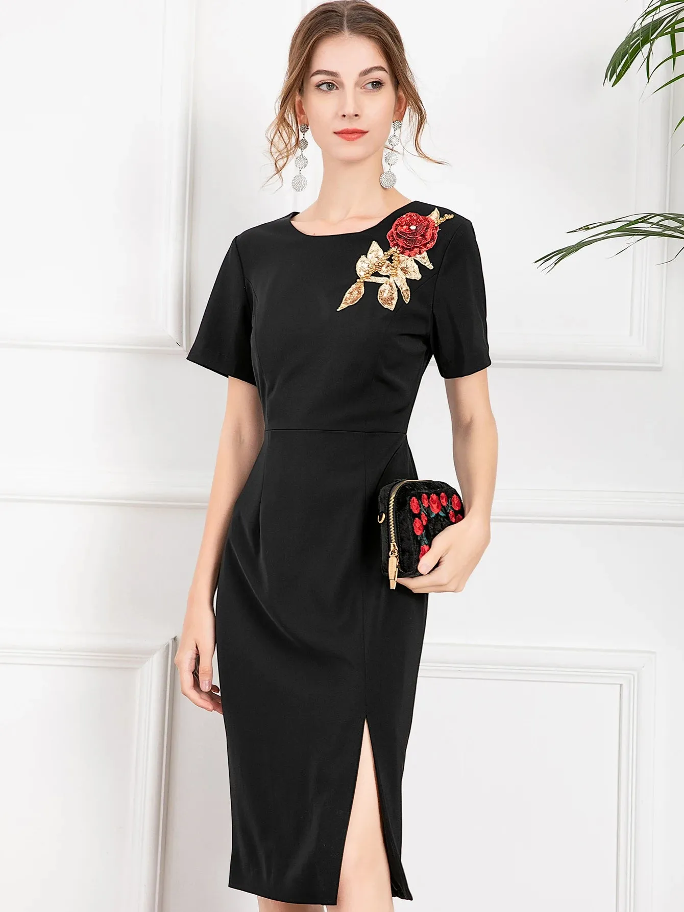 Tinsley Short Sleeve Luxury Floral Beaded Sequins Slim Midi Party Dress