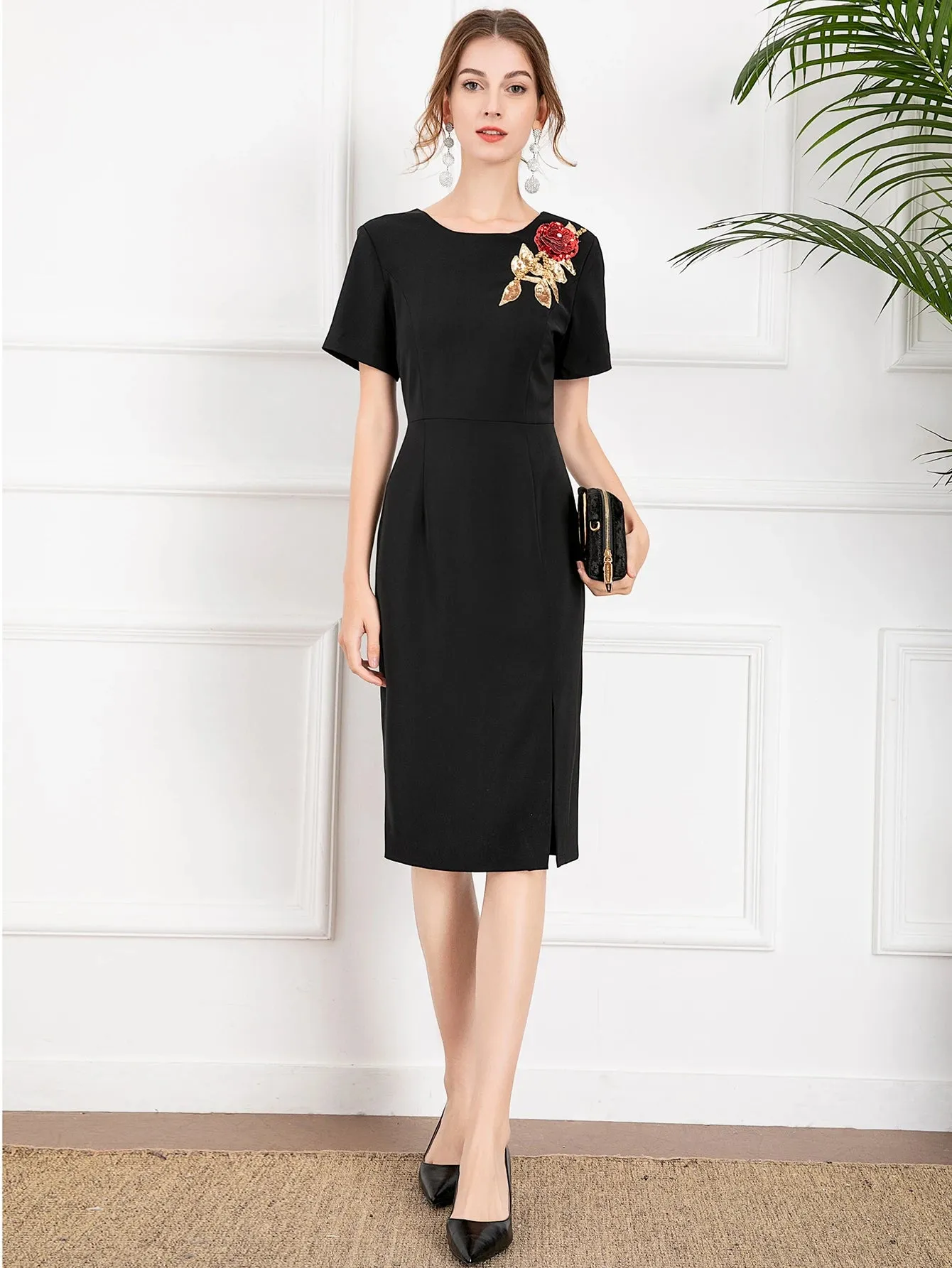 Tinsley Short Sleeve Luxury Floral Beaded Sequins Slim Midi Party Dress
