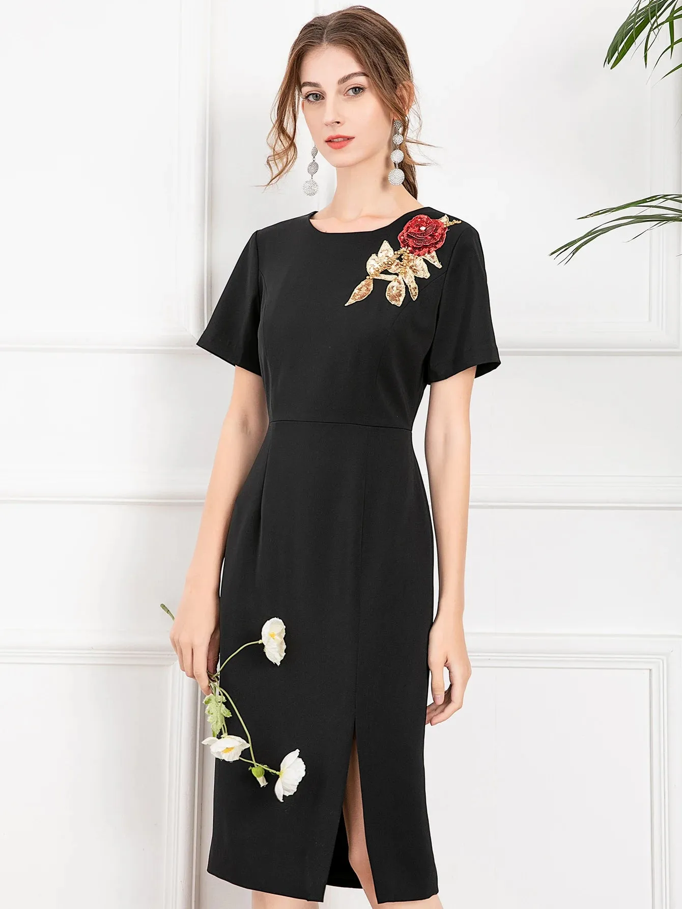 Tinsley Short Sleeve Luxury Floral Beaded Sequins Slim Midi Party Dress