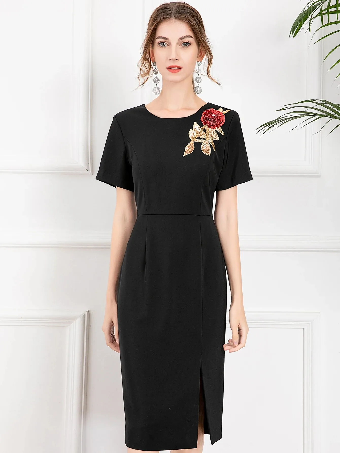 Tinsley Short Sleeve Luxury Floral Beaded Sequins Slim Midi Party Dress