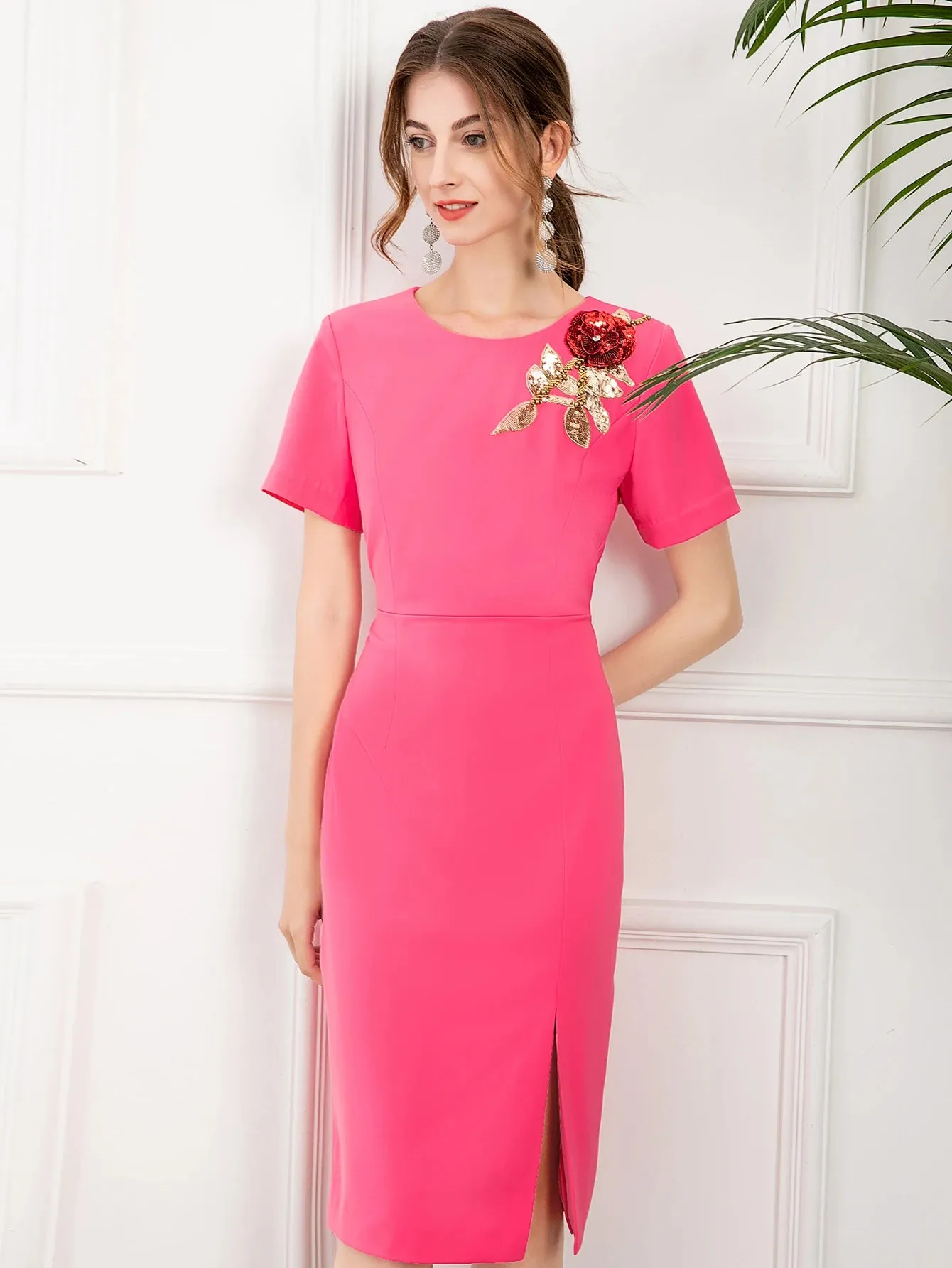 Tinsley Short Sleeve Luxury Floral Beaded Sequins Slim Midi Party Dress