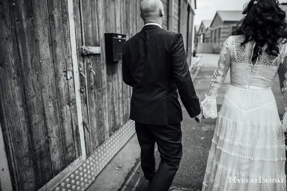 Unique Round Neck Long Sleeve Long Cheap Lace Wedding Dresses, TYP0011