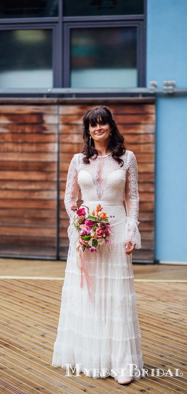 Unique Round Neck Long Sleeve Long Cheap Lace Wedding Dresses, TYP0011