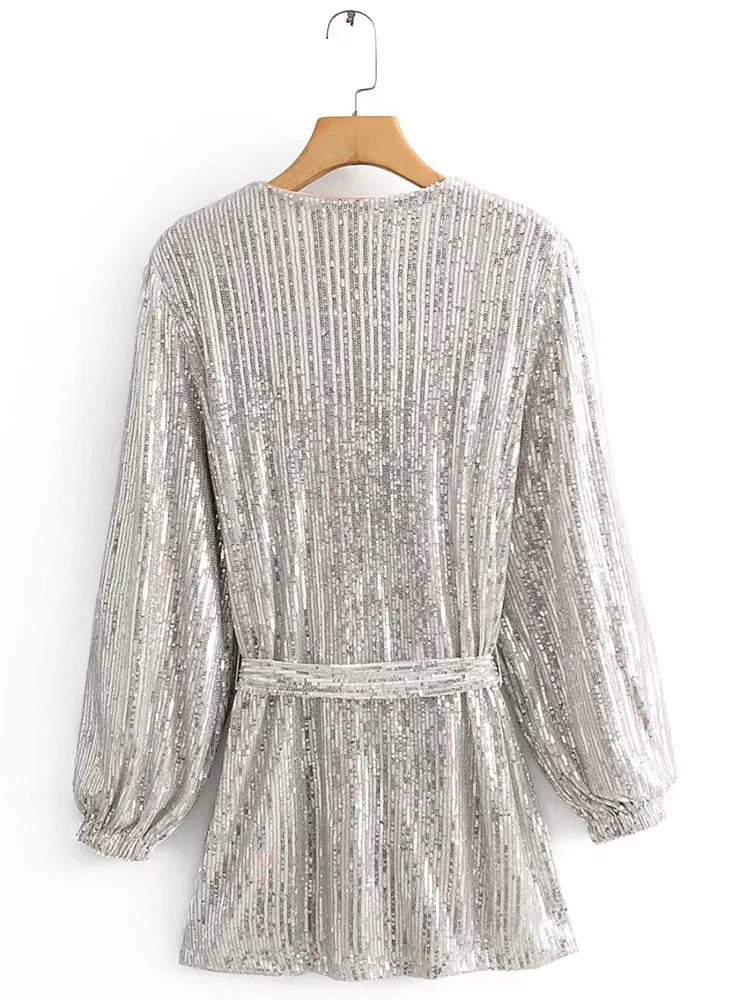 V-neck Sequins Puff Sleeve Lace-up Mini Dresses