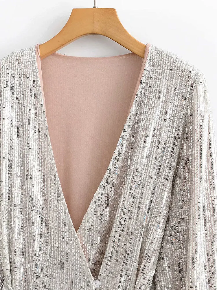 V-neck Sequins Puff Sleeve Lace-up Mini Dresses