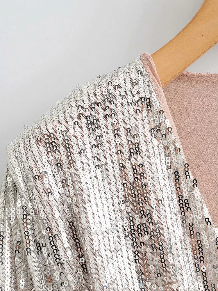 V-neck Sequins Puff Sleeve Lace-up Mini Dresses