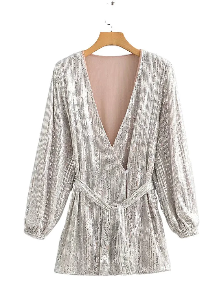 V-neck Sequins Puff Sleeve Lace-up Mini Dresses