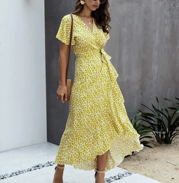 V-Neck Short Sleeve Maxi Dress