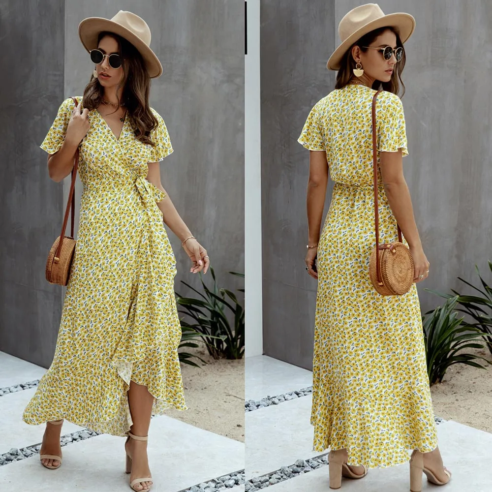 V-Neck Short Sleeve Maxi Dress