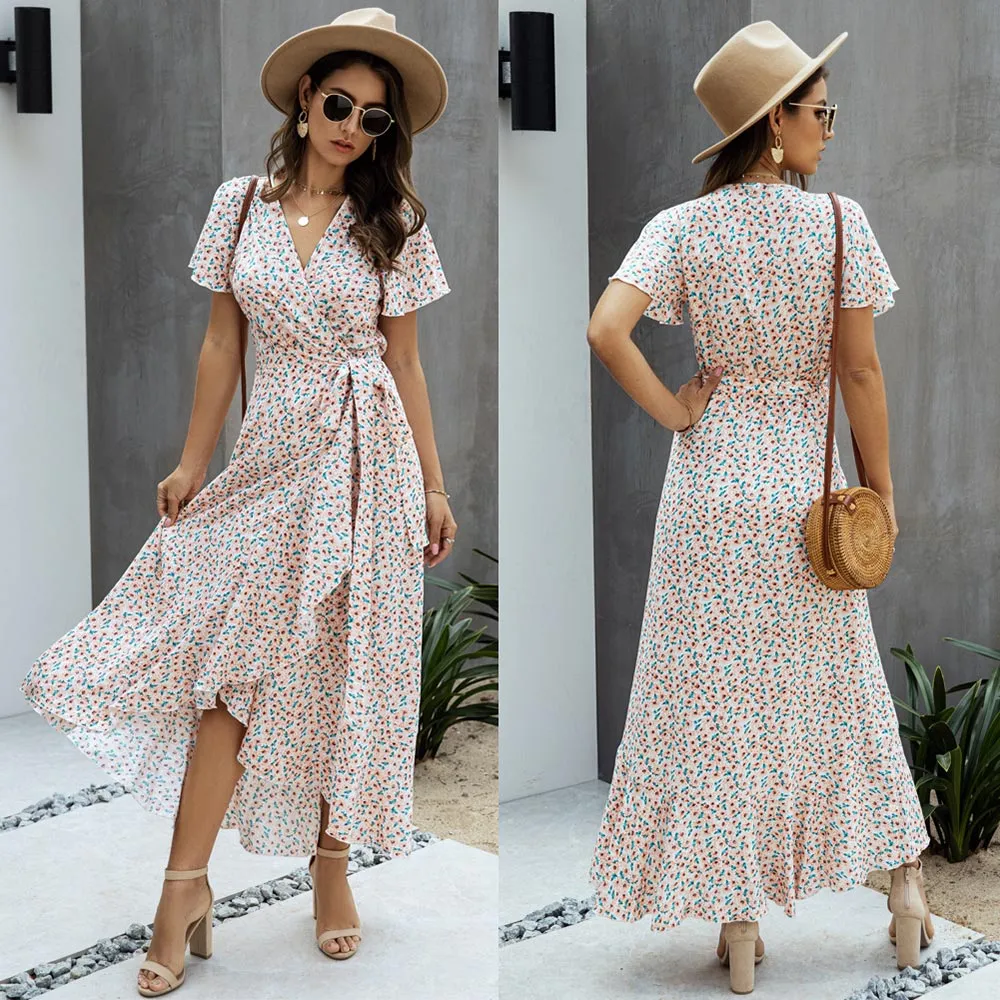 V-Neck Short Sleeve Maxi Dress