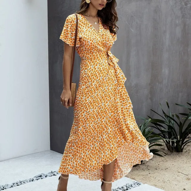 V-Neck Short Sleeve Maxi Dress