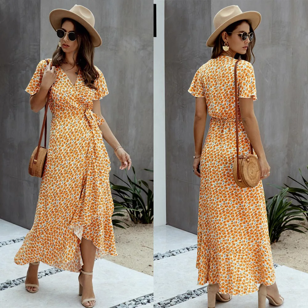 V-Neck Short Sleeve Maxi Dress