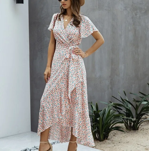 V-Neck Short Sleeve Maxi Dress