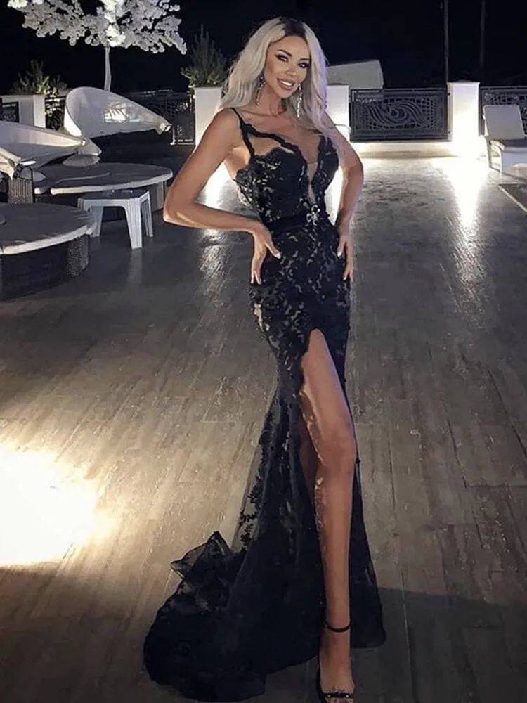 V Neck Side Split Longo Backless Robe De Soiree Dress