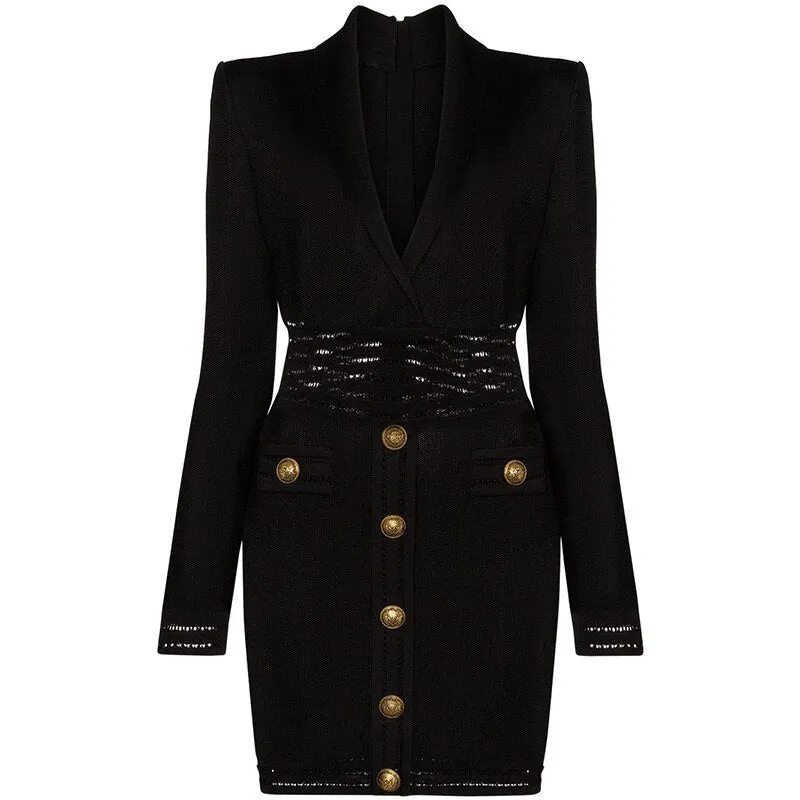 V Neck Temperament Lion Buckle Suit Lapel Knitted Hip Dress