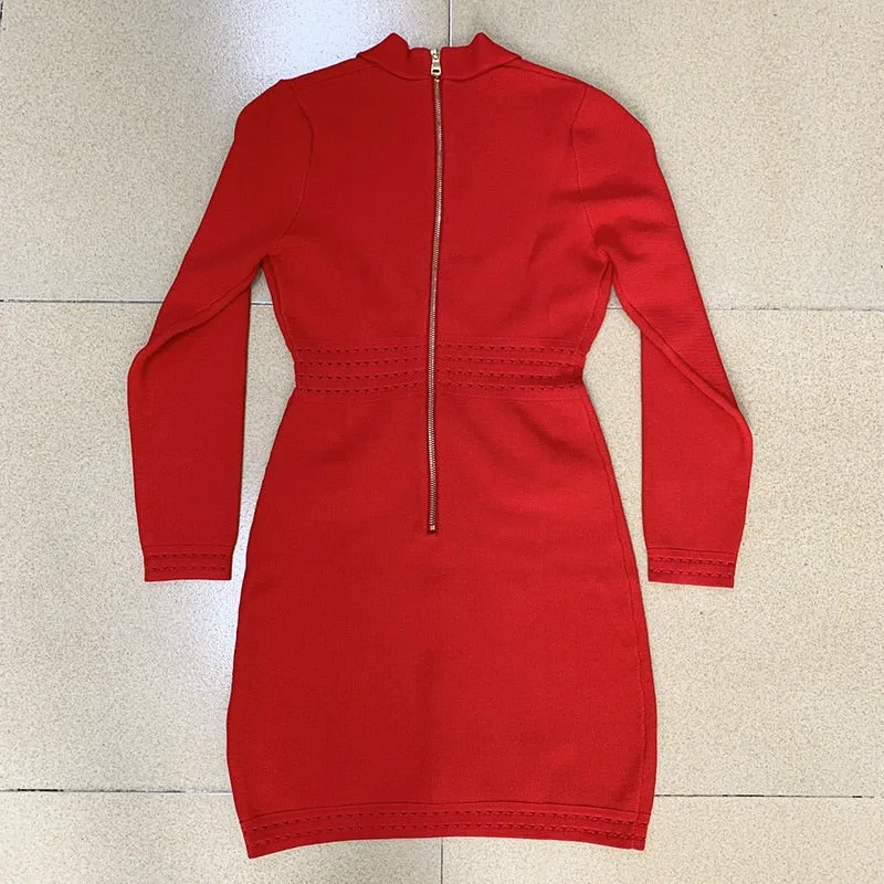 V Neck Temperament Lion Buckle Suit Lapel Knitted Hip Dress