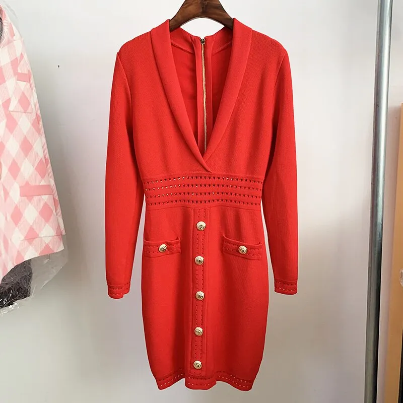 V Neck Temperament Lion Buckle Suit Lapel Knitted Hip Dress