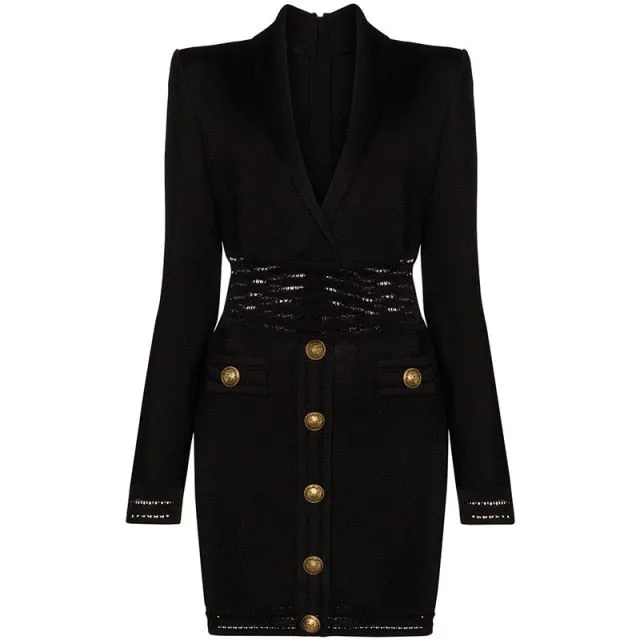 V Neck Temperament Lion Buckle Suit Lapel Knitted Hip Dress