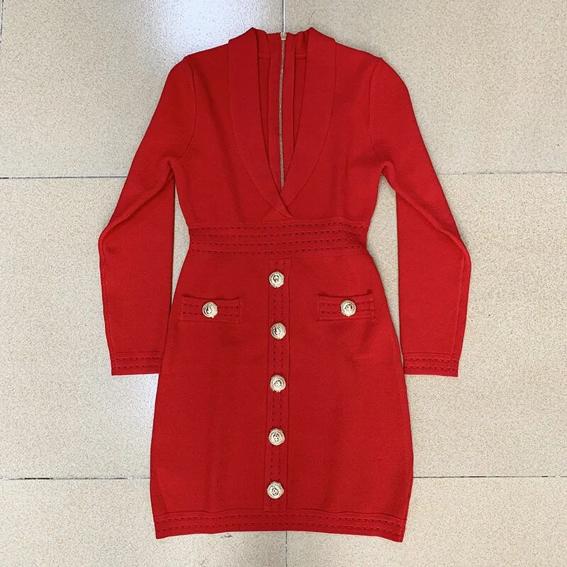 V Neck Temperament Lion Buckle Suit Lapel Knitted Hip Dress