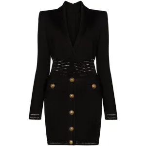 V Neck Temperament Lion Buckle Suit Lapel Knitted Hip Dress